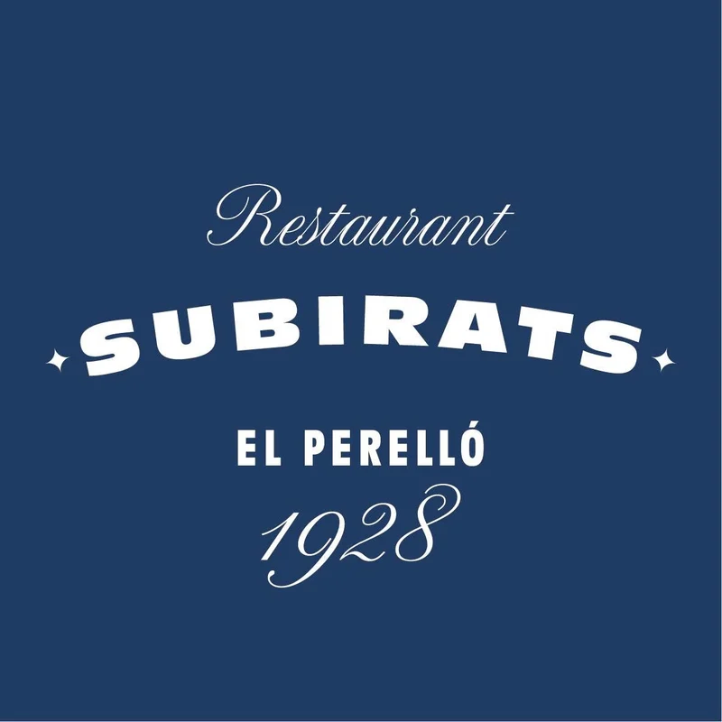El segell actual: Restaurant Subirats, El Perelló, 1928, en blanc sobre blau marí