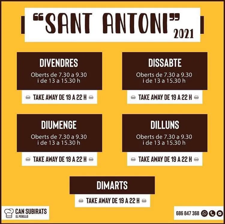 Cartell groc i marró amb els horaris de Sant Antoni 2021